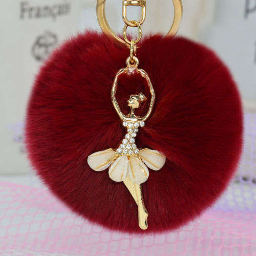 Soft Ball PomPom Charm Keychain Handbag Key Ring - Wine Red