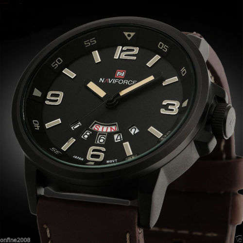 NAVIFORCE Men Army Date Leather Stainless Steel Sport Waterproof  Watch