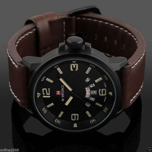 NAVIFORCE Men Army Date Leather Stainless Steel Sport Waterproof  Watch