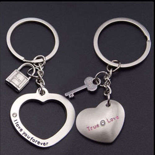 2Pcs  Love Heart Keyring Couple Keychain Key Ring