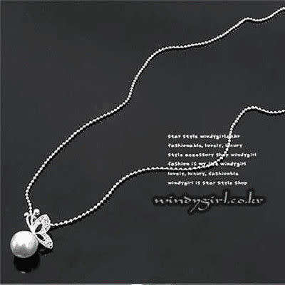 Pearl Necklace Pendant Silver Butterfly Crystal Necklace