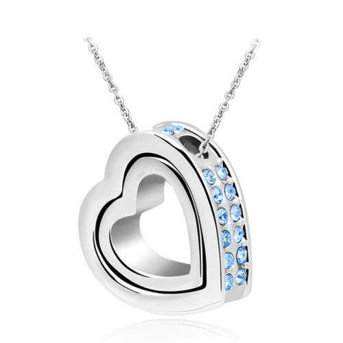 Silver Rhinestones Love Double Heart Charm - Blue