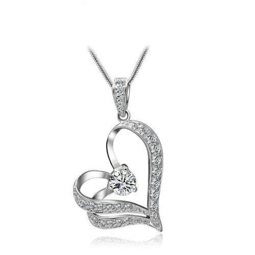 Heart Crystal Rhinestone Silver Chain Pendant Necklace