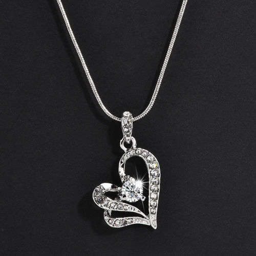 Heart Crystal Rhinestone Silver Chain Pendant Necklace
