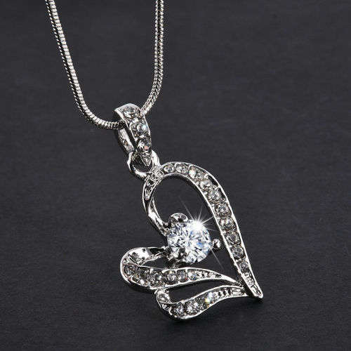 Heart Crystal Rhinestone Silver Chain Pendant Necklace