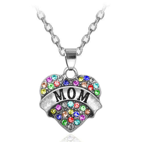 Colorful Crystal Love Heart Pendant Rhinestone Necklace - Mom