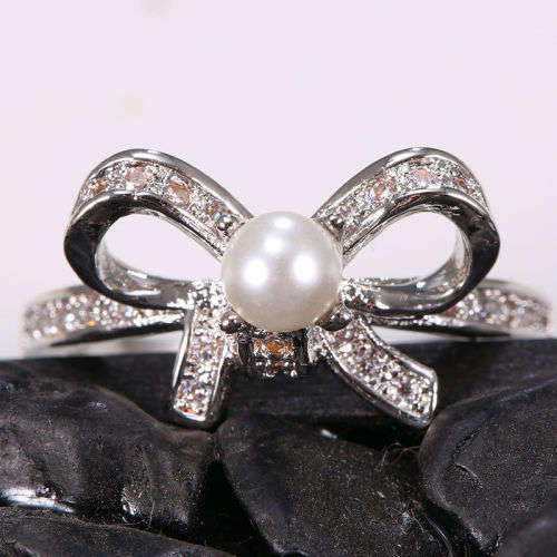 Silver Bow Pearl Wedding Vintage Prom Party Ring Size7