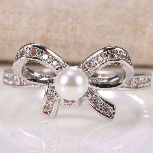 Silver Bow Pearl Wedding Vintage Prom Party Ring Size7