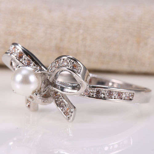 Silver Bow Pearl Wedding Vintage Prom Party Ring Size7