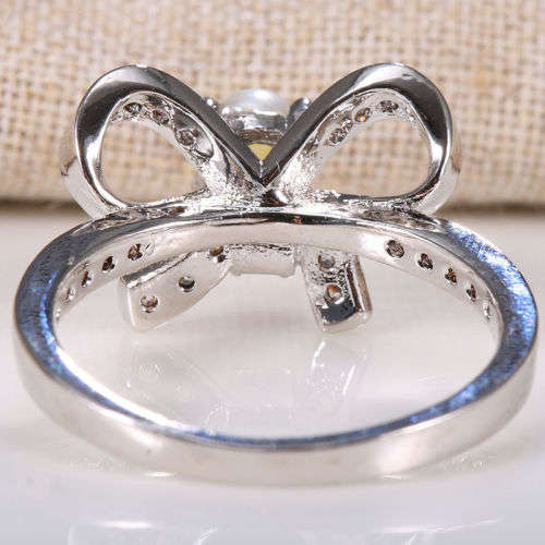 Silver Bow Pearl Wedding Vintage Prom Party Ring Size7