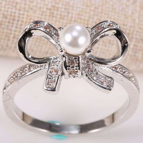 Silver Bow Pearl Wedding Vintage Prom Party Ring Size7