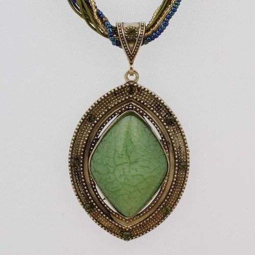 Retro Party Necklace Multi-layer Rope Turquoise Oval Pendant - Green