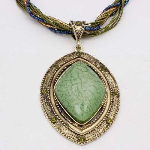 Retro Party Necklace Multi-layer Rope Turquoise Oval Pendant - Green