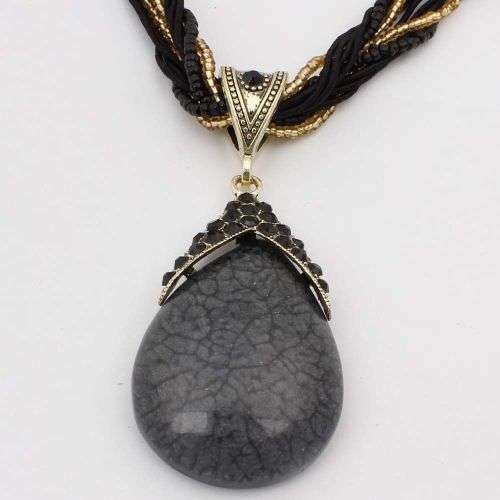 Retro Party Necklace Multi-layer Rope Turquoise Oval Pendant - Black