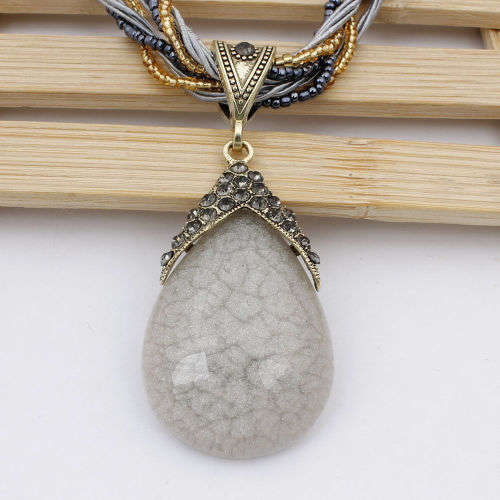 Retro Party Necklace Multi-layer Rope Turquoise Oval Pendant H933