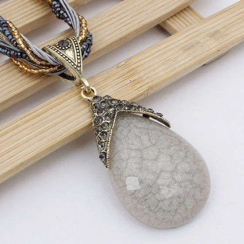 Retro Party Necklace Multi-layer Rope Turquoise Oval Pendant H933