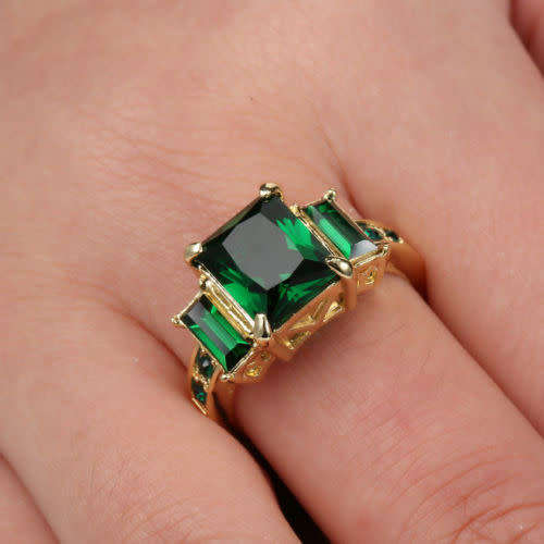 Green Emerald Engagement Ring 10KT Yellow Gold Filled Wedding Band Size 6