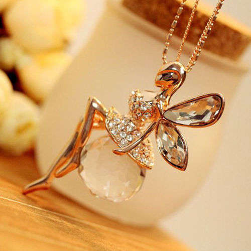 Crystal Fairy Angel Wing Pendant Long Chain Sweater Necklace