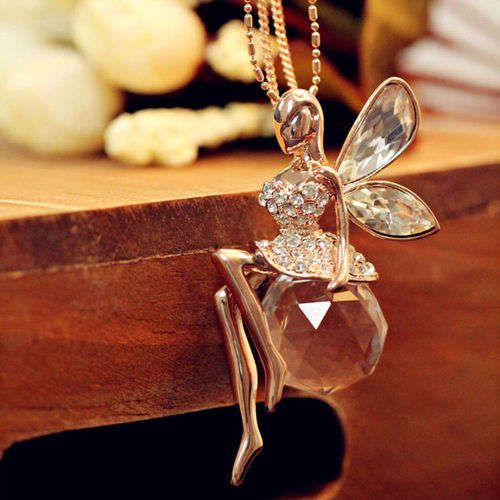Crystal Fairy Angel Wing Pendant Long Chain Sweater Necklace