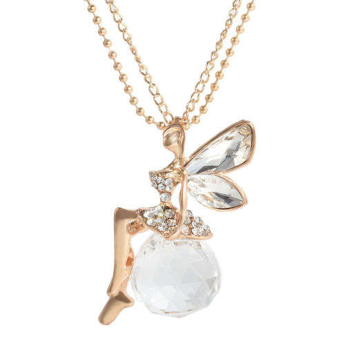 Crystal Fairy Angel Wing Pendant Long Chain Sweater Necklace