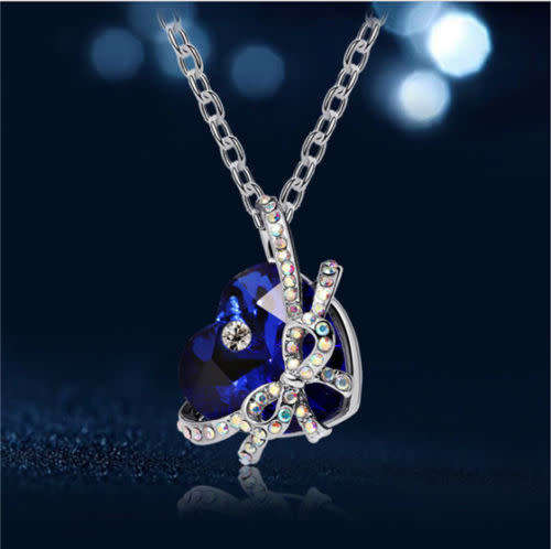 Heart Bow tie Pendant Necklace - Dark Blue