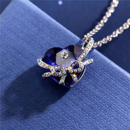 Heart Bow tie Pendant Necklace - Dark Blue