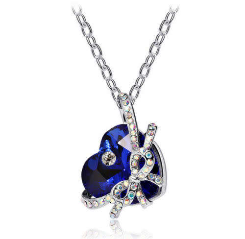 Heart Bow tie Pendant Necklace - Dark Blue