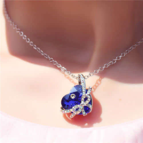 Heart Bow tie Pendant Necklace - Dark Blue