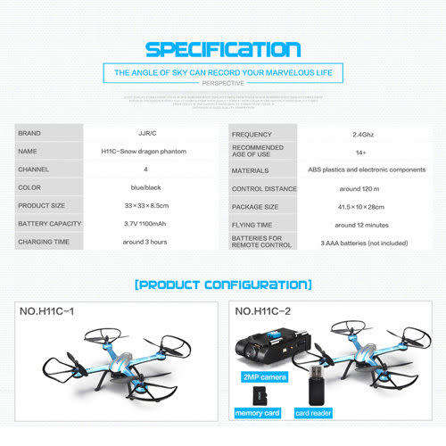 JJRC H11C 2.4G 4CH 6-Axis GYRO RC Quadcopter Drone RTF with 2MP HD Camera LED