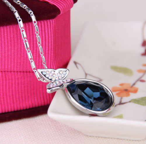 Blue Crystal Rhinestone Butterfly Water Drop necklace