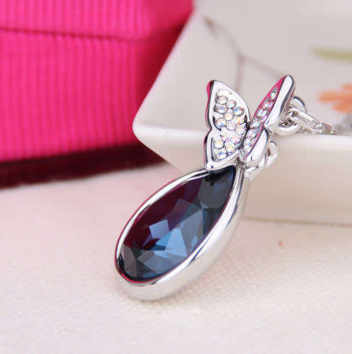 Blue Crystal Rhinestone Butterfly Water Drop necklace