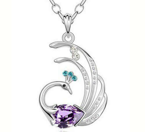 Purple Crystal Rhinestone Peacock Pendant Necklace