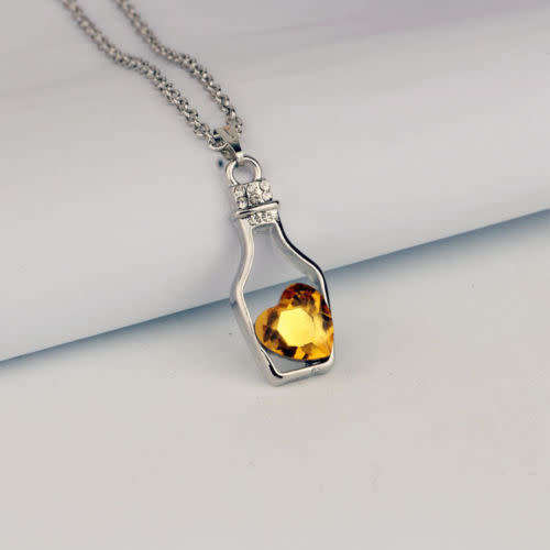 Bottle Yellow Crystal Heart Pendant Silver Chain Necklace