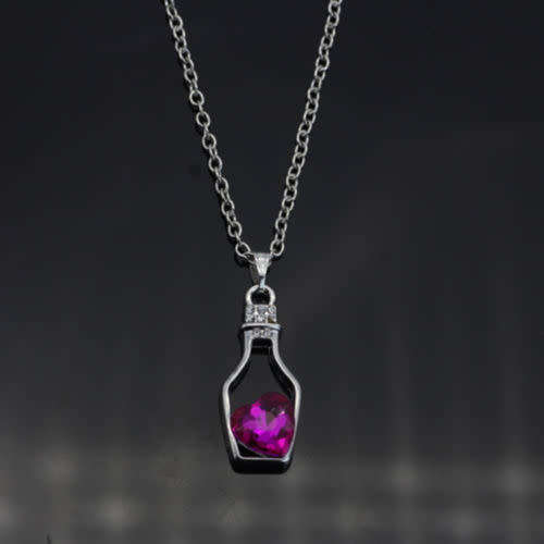 Bottle Rose Crystal Heart Pendant Silver Chain Necklace