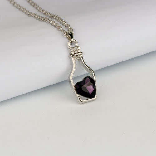 Bottle Purple Crystal Heart Pendant Silver Chain Necklace
