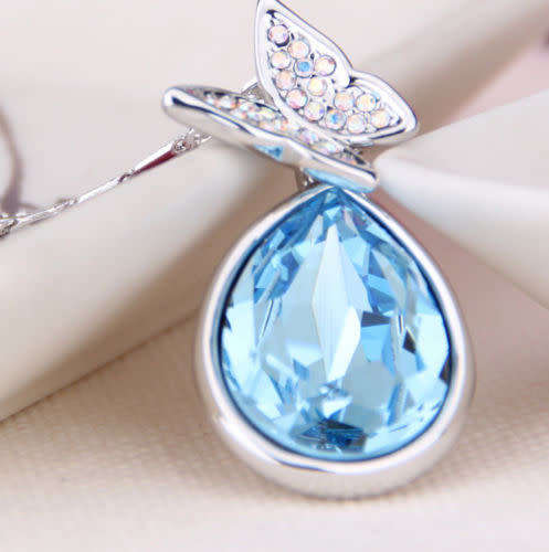 Sky blue Crystal unique Butterfly Water Drop Pendant Necklace
