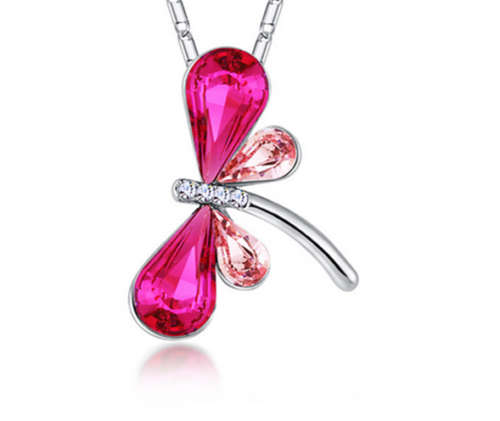 Dragonfly Crystal Rhinestone Silver Chain Pendant Necklace  Rose-Pink