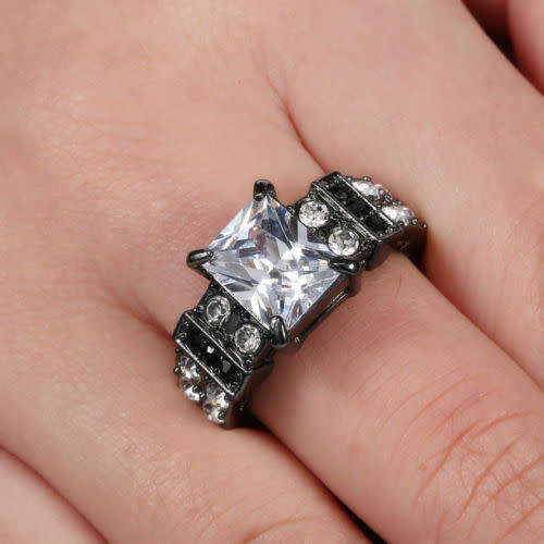 Size 9 White Topaz 10K Black Gold Filled Wedding Engagement Ring