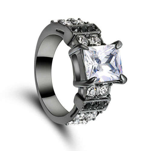 Size 9 White Topaz 10K Black Gold Filled Wedding Engagement Ring