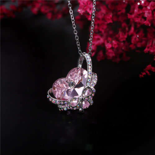 Heart Bow tie Pendant Necklace - Pink