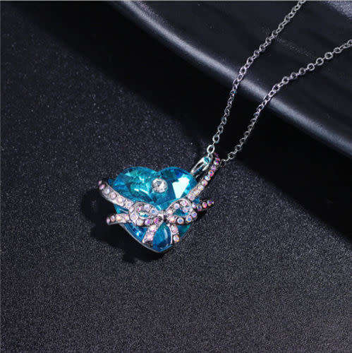 Heart Bow tie Pendant Necklace -Light Blue