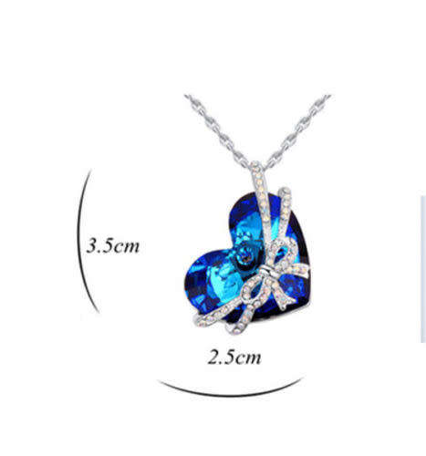 Heart Bow tie Pendant Necklace -Light Blue