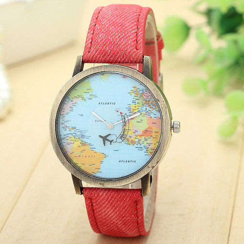 Travel By Plane Map Women Dress Watch Denim Fabric Band