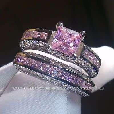 2pcs/Set Ring Women  Silver filled Pink Sapphire Wedding Vintage  Size 9