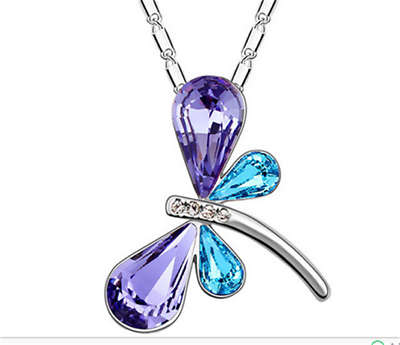Dragonfly Crystal Rhinestone Silver Chain Pendant Necklace Purple+Blue