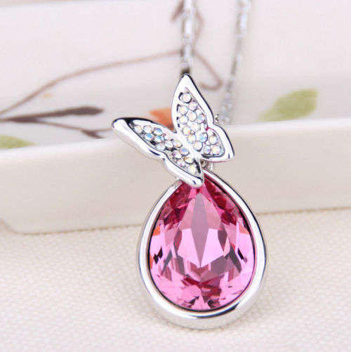 Pink Crystal Rhinestone Butterfly Water Drop necklace