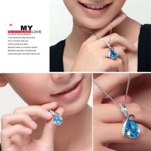 Water Drop Silver Chain Crystal Necklace - BLUE