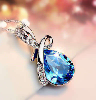 Water Drop Silver Chain Crystal Necklace - BLUE