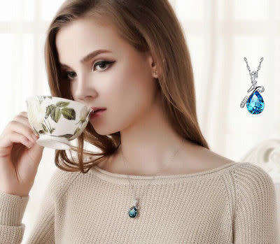 Water Drop Silver Chain Crystal Necklace - BLUE