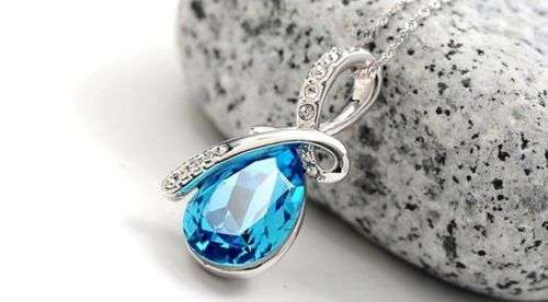 Water Drop Silver Chain Crystal Necklace - BLUE